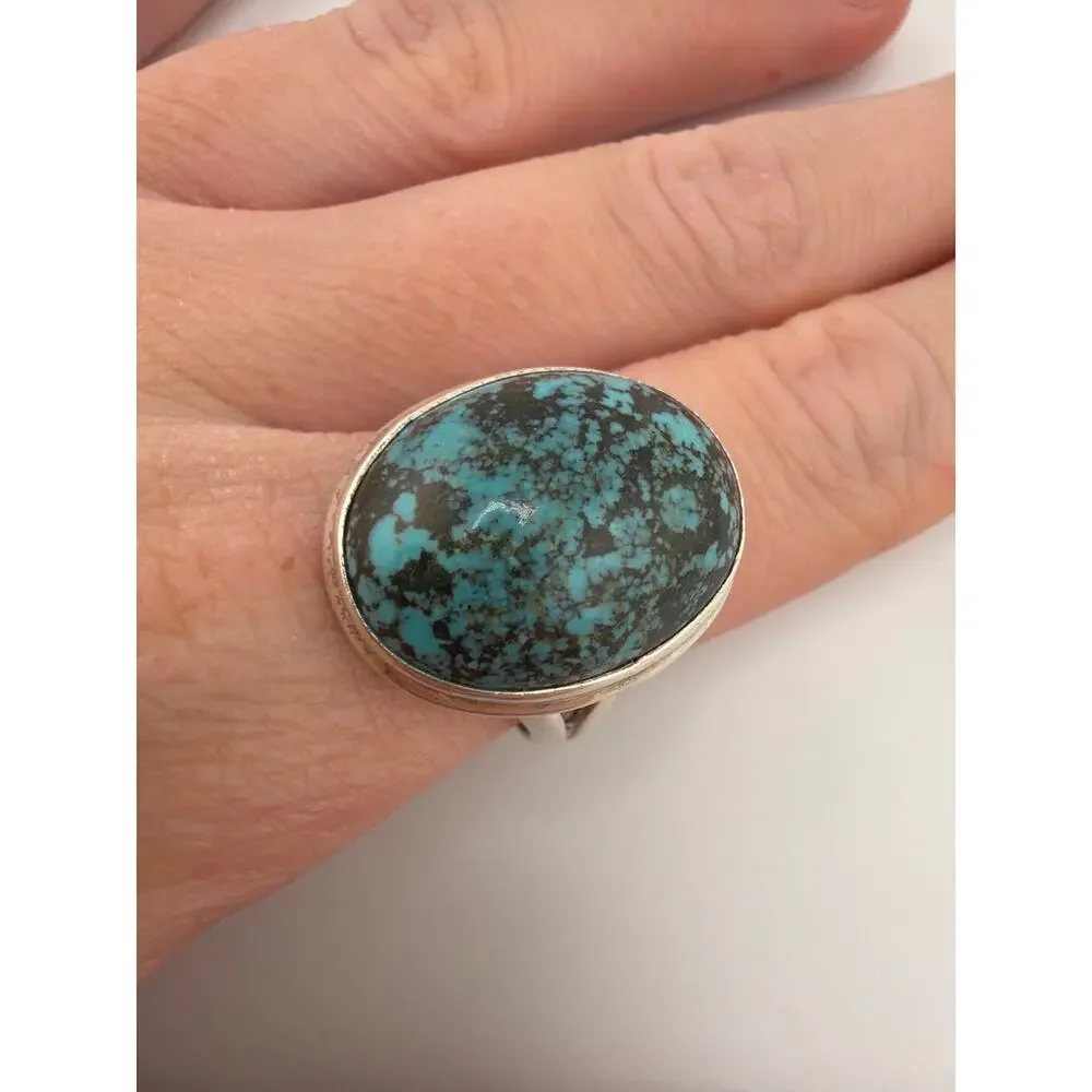 Large Oval Turquoise Matrix 925 Sterling Silver Statement Ring Size 9.5